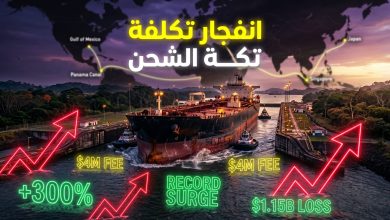 ناقلة نفط تعبر قناة بنما مع رسم بياني يوضح ارتفاع تكاليف الشحن