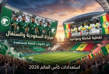 شاشات عرض ضخمة داخل ملعب ممتلئ بالجماهير تستعرض مباراة السعودية والسنغال مع دليلك الكامل للقنوات الناقلة وبث stc tv لعام 2026.