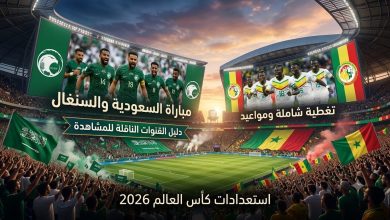 شاشات عرض ضخمة داخل ملعب ممتلئ بالجماهير تستعرض مباراة السعودية والسنغال مع دليلك الكامل للقنوات الناقلة وبث stc tv لعام 2026.